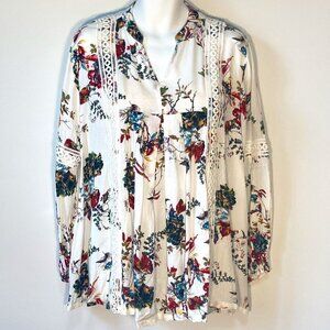 CBOCS SZ L NWT white multi color floral long sleeve lace trim tent dress / tunic